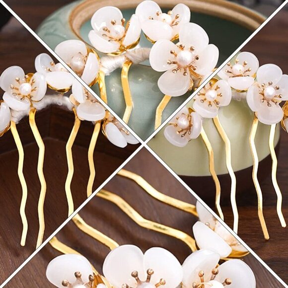 3 Pcs Jade Flower Hair Comb Hair Stick Chinese Retro Chignon Pin Accessories main image 7